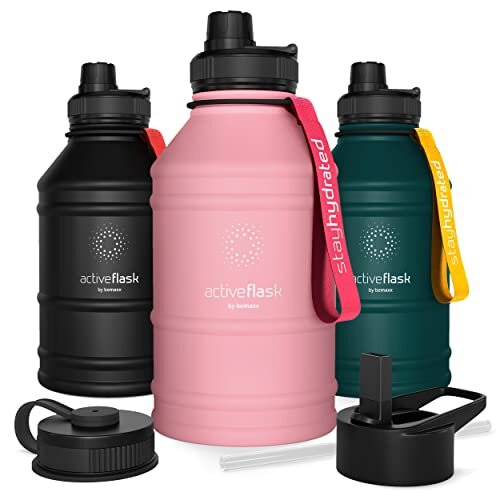 Leakproof Stainless Steel Water-bottle ACTIVE FLASK + Straw (Triple Cap) | Large 1.3 / 2.2 L Capacity Sports Container BPA-free, for Carbona